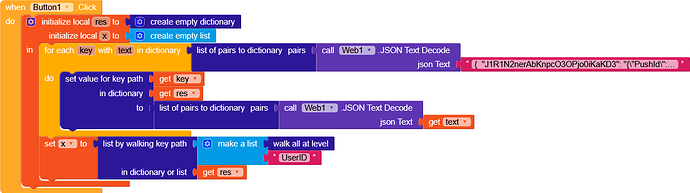 A block-based code snippet initializes a dictionary and list, iterates through JSON-decoded text pairs, updates dictionary entries with keys and values, and creates a list by walking a specified JSON key path. (Captioned by AI)