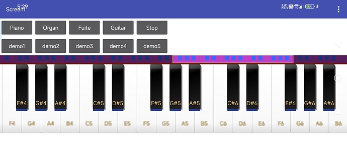 A virtual piano keyboard interface displayed on a screen, showing labeled white and black keys with menu options above it. (Captioned by AI)