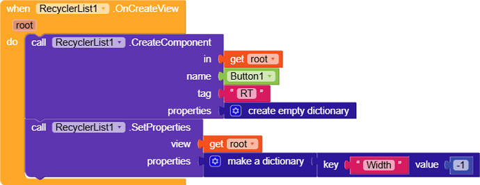 This image shows a block-based programming script that creates a button component with the tag 'RT' and sets its width property to -1 when the RecyclerList1 view is created. (Captioned by AI)