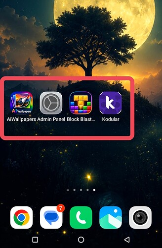 A smartphone screen displays a large full moon behind a silhouetted tree with a folder of four apps labeled AWallpapers Admin Panel, Block Blast, and Kodular, along with a dock of five colorful app icons at the bottom. (Captioned by AI)