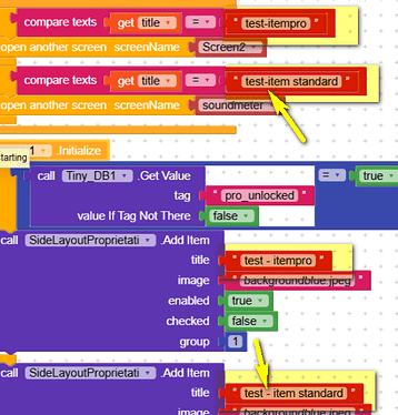The image shows a block-based programming interface with highlighted code snippets comparing text values and adding items with titles like 'test-itempro' and 'test-item standard.' (Captioned by AI)