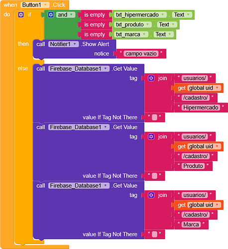 A visual block-based programming script that checks if three text fields are empty and either shows an alert or retrieves corresponding values from a Firebase database using user-specific tags. (Captioned by AI)