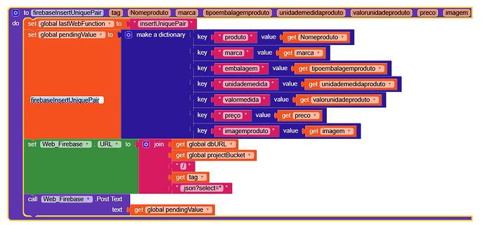 A colourful block-based programming interface setting dictionary keys from variables and posting data to a Firebase database. (Captioned by AI)