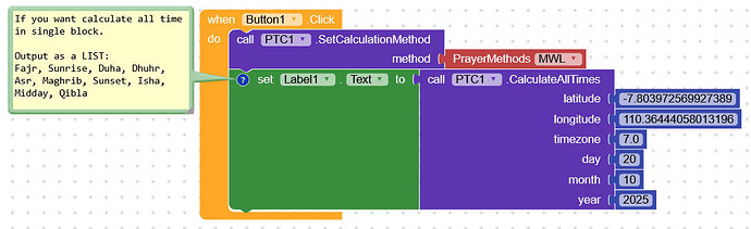 A block-based code snippet configuring a prayer time calculation method and displaying all relevant prayer times for a specific date and location when Button1 is clicked. (Captioned by AI)