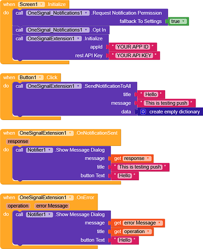 A visual programming interface showing blocks for initializing OneSignal notifications, sending a test push notification, and handling notification sent and error events with message dialogs. (Captioned by AI)