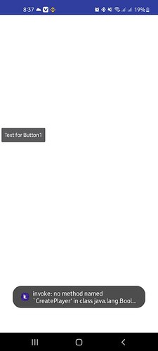 A smartphone screen shows a coding error message stating 'invoke: no method named CreatePlayer in class java.lang.Boolean' with a black tooltip near a button labelled 'Text for Button1'. (Captioned by AI)