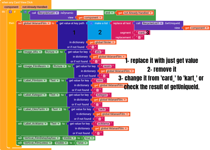 A screenshot of a visual programming interface with colorful code blocks that manipulate string values and components in a dynamic way, annotated with numbered instructions for modifying text values. (Captioned by AI)