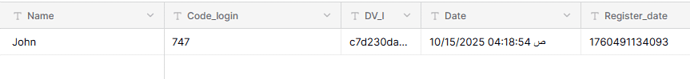 A table displaying a user's information including Name (John), Code_login (747), DV_I (partial hash), Date with timestamp (10/15/2025 04:18:54 AM), and Register_date (1760491134093). (Captioned by AI)