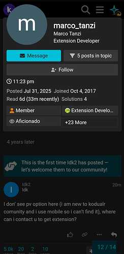 A screenshot of a forum profile page for Marco Tanzi, an Extension Developer, showing his post history, membership status, and a recent conversation about community permissions. (Captioned by AI)