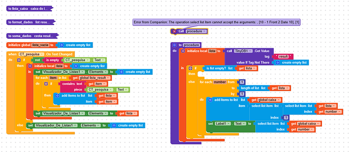 A colourful block-based programming interface displaying nested code blocks with logic for handling lists, user input, and error messages. (Captioned by AI)