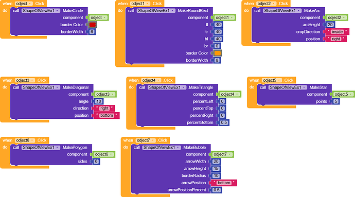 The image displays several blocks of visual programming code for creating different shapes and polygons, each triggered by clicking on various objects and specifying parameters like component, color, sides, and points. (Captioned by AI)