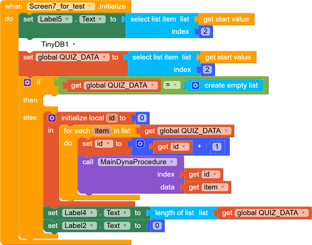 A block-based programming interface showing code for initializing a screen, manipulating quiz data, and updating labels using lists and procedures. (Captioned by AI)