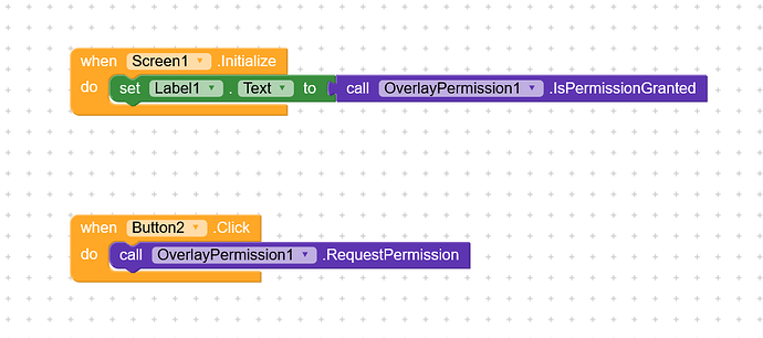 This image shows a block-based programming interface where an app checks for overlay permission on screen initialization and requests permission when a button is clicked. (Captioned by AI)