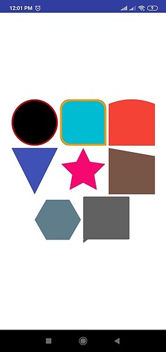 The image shows eight colorful geometric shapes including a black circle with a red border, a turquoise rounded square with a yellow border, a red semicircle, a blue triangle, a pink star, a brown trapezoid, a grey hexagon, and a dark gray speech bubble shape arranged on a white background. (Captioned by AI)
