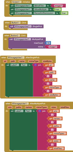 This image shows a visual programming interface with blocks defining event handlers for image picking and displaying metadata such as URI, path, name, MIME type, sizes, and total files after selecting single or multiple images. (Captioned by AI)