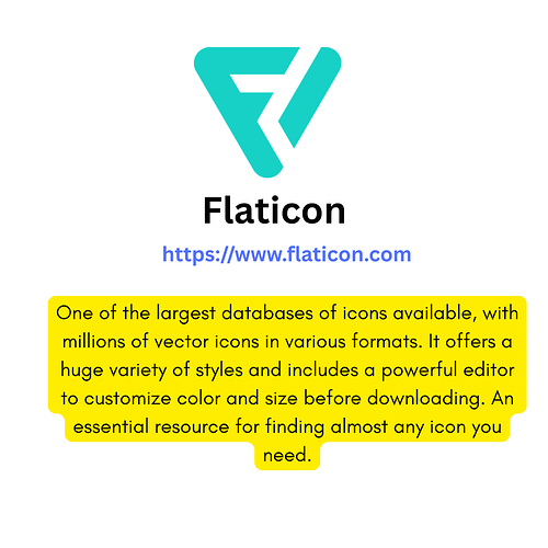 This image displays the Flaticon logo along with a brief description highlighting that Flaticon is one of the largest icon databases offering millions of vector icons in various formats with a wide variety of styles and a powerful editor for customization, providing an essential resource for finding almost any icon... (Captioned by AI)