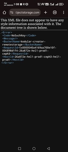 A smartphone screen displays an error message indicating that an XML file does not have any associated style information, followed by the XML content on a black background. (Captioned by AI)