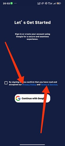 The image is a mobile app screen titled 'Let's Get Started' prompting the user to sign in or create an account, with a checkbox to agree to the Privacy Policy and Terms, and a button labeled 'Continue with Google'. (Captioned by AI)