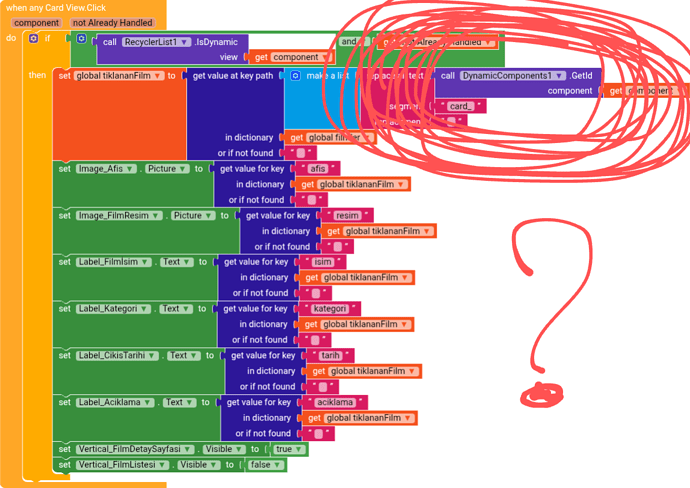 The image shows a colorful, complex code block from a visual programming environment with annotations and a large red scribble and question mark on the right side. (Captioned by AI)