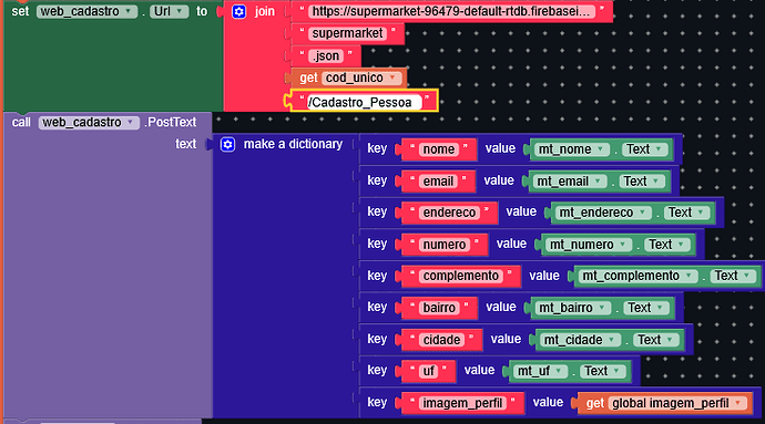 A visual programming code block sets a URL to post JSON data containing personal details like name, email, address, and profile image to a web database. (Captioned by AI)