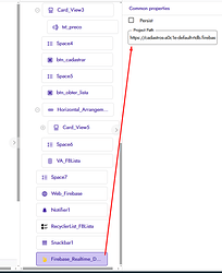 A screenshot of a development interface showing a component hierarchy on the left and the properties of a selected Firebase Realtime Database component on the right. (Captioned by AI)