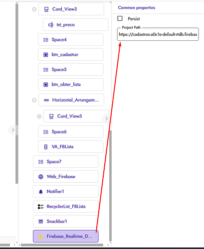 A screenshot of a development interface showing a component hierarchy on the left and the properties of a selected Firebase Realtime Database component on the right. (Captioned by AI)