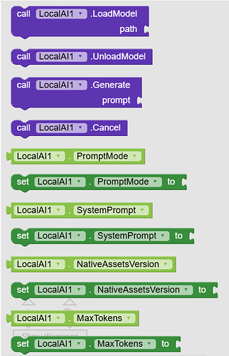 A block-based programming interface showing various function calls and properties related to LocalAI1 for loading models, generating prompts, setting prompt modes, system prompts, native asset versions, and maximum tokens. (Captioned by AI)