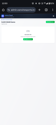 A mobile web page displaying an admin panel for Warwine Sports with a message indicating no games are found and options to create a new game or load a test game. (Captioned by AI)
