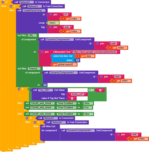 The image shows a visual programming interface with color-coded code blocks connected to create a logic flow for checking network connections and setting web view URLs dynamically. (Captioned by AI)