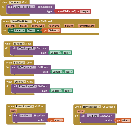 A block-based programming interface script that handles image file picking, setting wallpaper as lock screen, home screen, or both, and displays alerts on success or error events. (Captioned by AI)