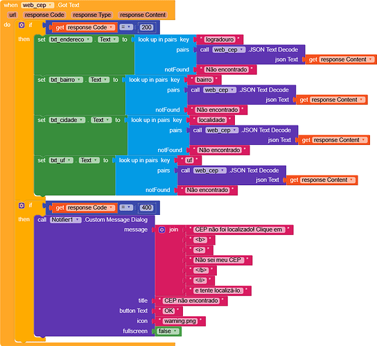 The image shows a visual programming interface with colour-coded blocks handling JSON decoding, error checking, and displaying messages based on response codes. (Captioned by AI)