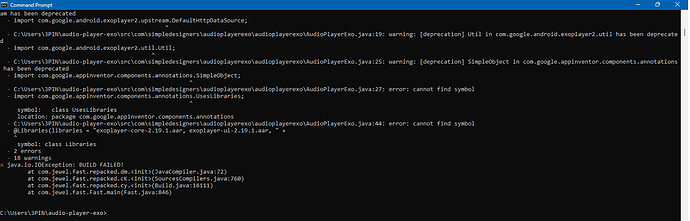 A computer command prompt window displaying Java deprecation warnings and an error indicating that the build has failed due to missing classes and symbols in an Android audio player project. (Captioned by AI)