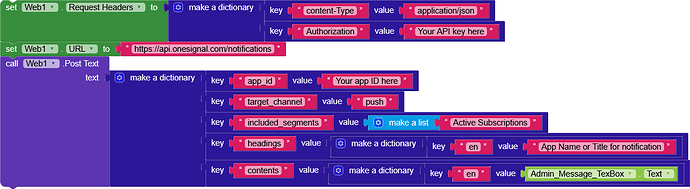 A block-based programming interface configuration for sending a push notification through the OneSignal API, including HTTP headers and JSON payload with app ID, target channel, segments, headings, and contents. (Captioned by AI)
