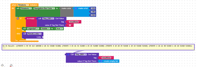 A block-based programming interface displaying code that checks if a list is empty, sets navigation bar colour, toggles visibility of a label, and gets data from a TinyDB component. (Captioned by AI)