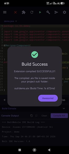 A mobile screen shows a notification popup stating 'Build Success' with a message confirming the completion of an extension named 'SOCIALPHILE' and an option to 'Awesome'. (Captioned by AI)
