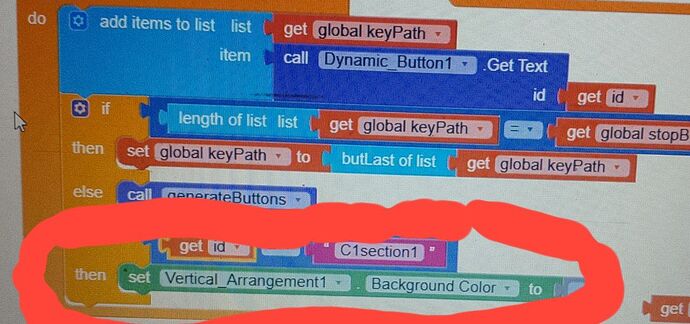 The image shows a block-based programming interface with code blocks manipulating lists and setting properties such as the background color of 'Vertical_Arrangement1'. (Captioned by AI)