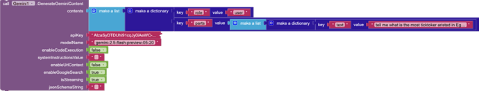 A visual representation of a block-based code snippet configuring a call to Gemini1 API to generate content with specific parameters and a query about the most TikToker artist in England. (Captioned by AI)