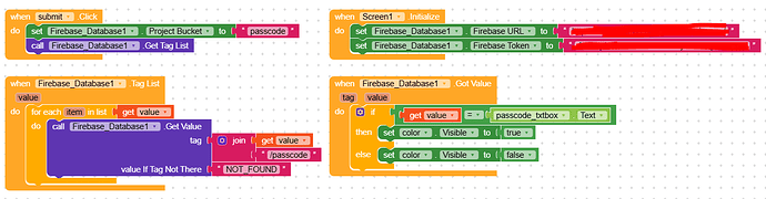 A visual programming interface with blocks designed to manage Firebase database operations for a passcode system, including submitting, initialising, and retrieving data with conditional visibility settings. (Captioned by AI)
