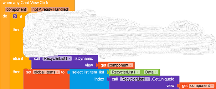 The image shows a visual programming block script for handling a Card View click event with conditional logic and list item selection in a RecyclerList component. (Captioned by AI)