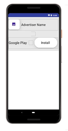 A smartphone screen displaying a Google Play app install advertisement with an advertiser name placeholder and an 'Install' button. (Captioned by AI)