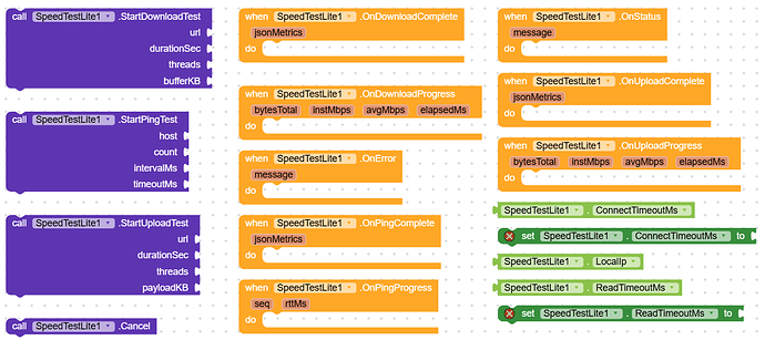 The image shows a visual programming interface with coloured code blocks primarily for managing and testing download and upload speed using a SpeedTestList1 component. (Captioned by AI)