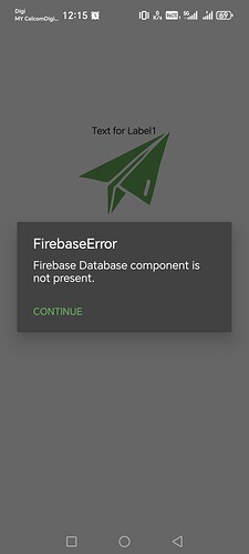 A mobile app screen showing a Firebase error message indicating the Firebase Database component is not present, with a paper airplane icon and text saying 'Test for Lab01' above the error message. (Captioned by AI)