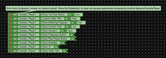 A screenshot of a block-based programming interface with error message indicating a missing method 'ShowYouTubeButton' in a YouTube player component configuration. (Captioned by AI)