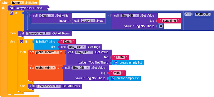 A visual programming interface displaying nested conditional blocks that interact with a clock, database, and spreadsheet components to retrieve and process data based on specific tags and conditions. (Captioned by AI)