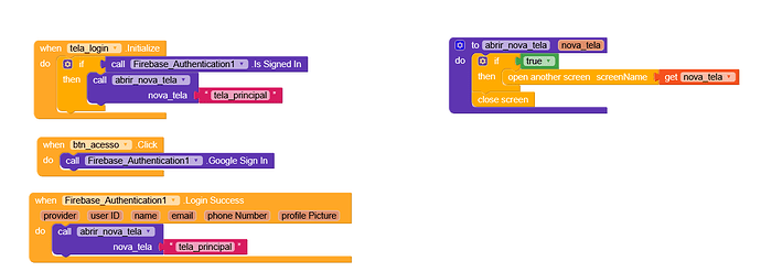 The image shows a block-based programming interface with code for Firebase Authentication, handling user login status, Google Sign-In, and navigation between screens. (Captioned by AI)