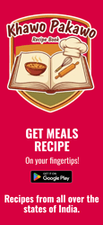 An advertisement for Khawo Pakawo cooking app features an open recipe book with food illustrations and a chef's hat above it, promoting easy access to meal recipes from all over India with a prompt to download on Google Play. (Captioned by AI)