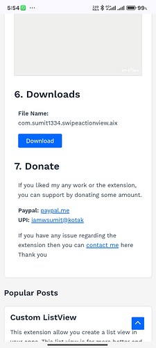 A webpage displaying sections for Downloads and Support with a visible download button and links for support questions, alongside a sidebar featuring popular posts. (Captioned by AI)