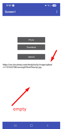 The image shows a mobile app interface titled "Screen1" with three buttons labelled Photo, Download, and Upload, an incomplete URL containing the word "upload", and a large empty white space indicated by an arrow labelled "empty". (Captioned by AI)