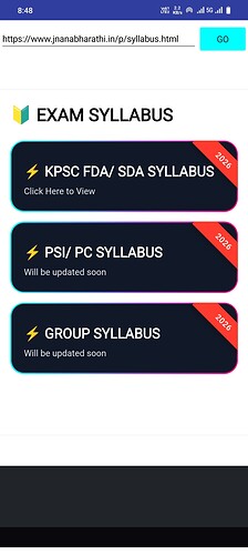 A webpage displays a list of exam syllabuses including KPSC FDA/SDA syllabus, PSI/PC syllabus marked as 'will be updated soon,' and Group syllabus also marked 'will be updated soon.' (Captioned by AI)