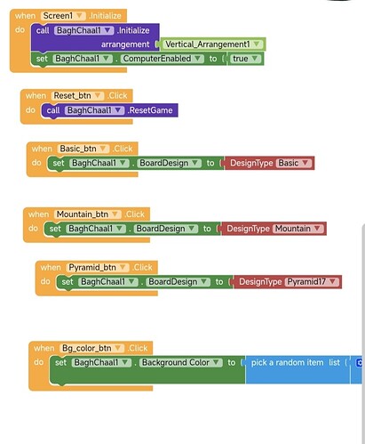 This image shows a block-based programming interface with code blocks for initializing a game, resetting the game, changing board designs, and setting a random background color. (Captioned by AI)